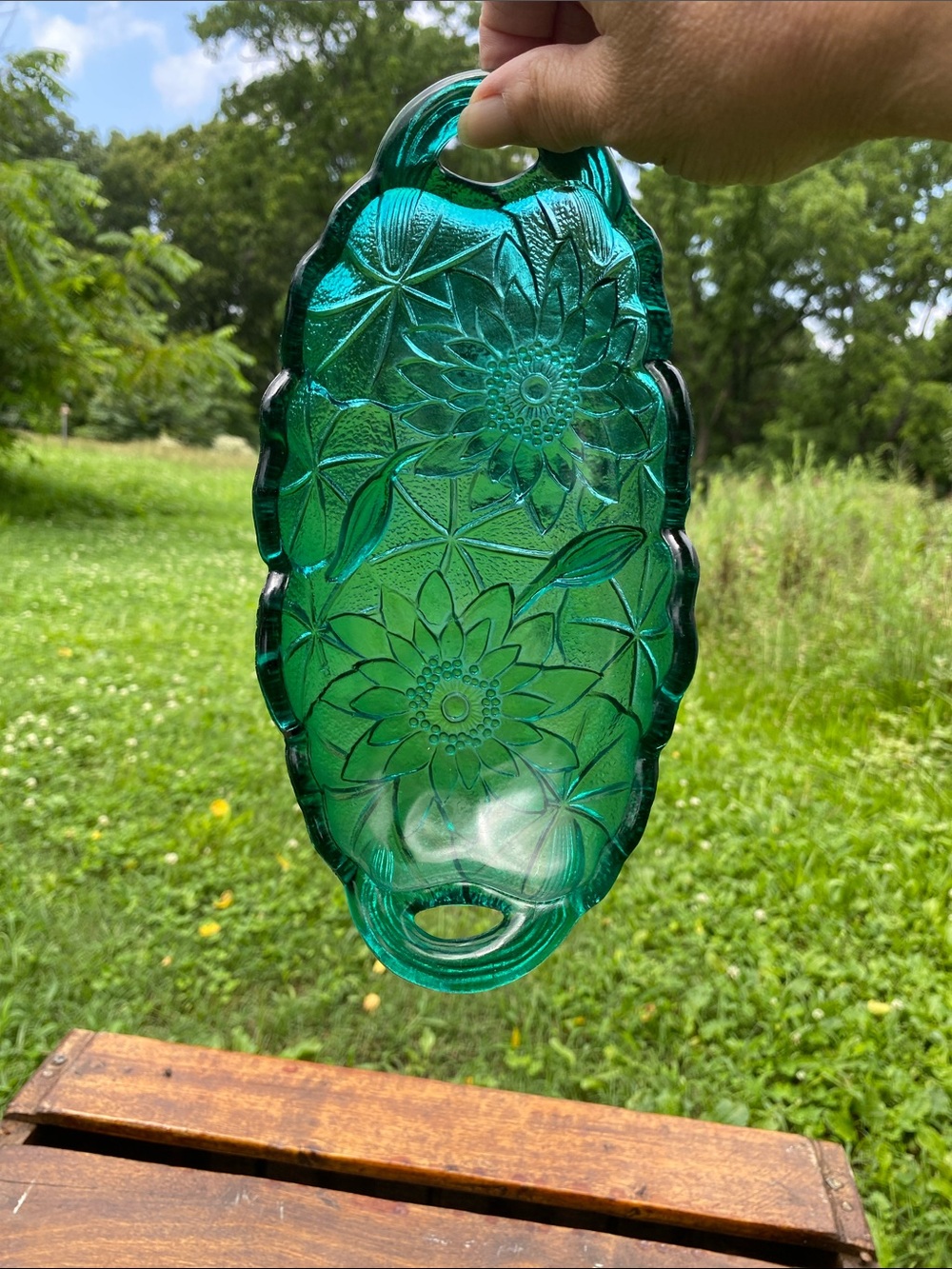 VTG Indiana Glass "Lily Pons" Teal Aquamarine 4.5" X 9.5" Relish Dish Made USA